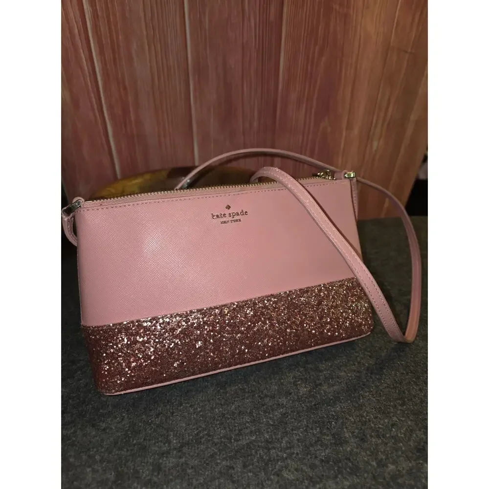 Kate Spade Greta Court Ramey Crossbody Dusty Peony Pink Saffiano Glitter Purse
